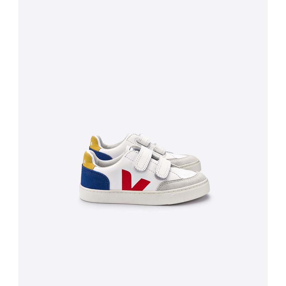 White/Red/Blue Kids\' Veja V-12 LEATHER Sneakers | AU 881HAP